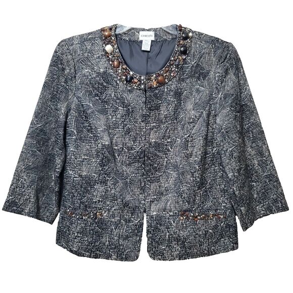Chico's Cotton/Silk Blend Swirl Print Beaded Studded Blazer w/Pockets Size 2 LGE - Picture 1 of 11